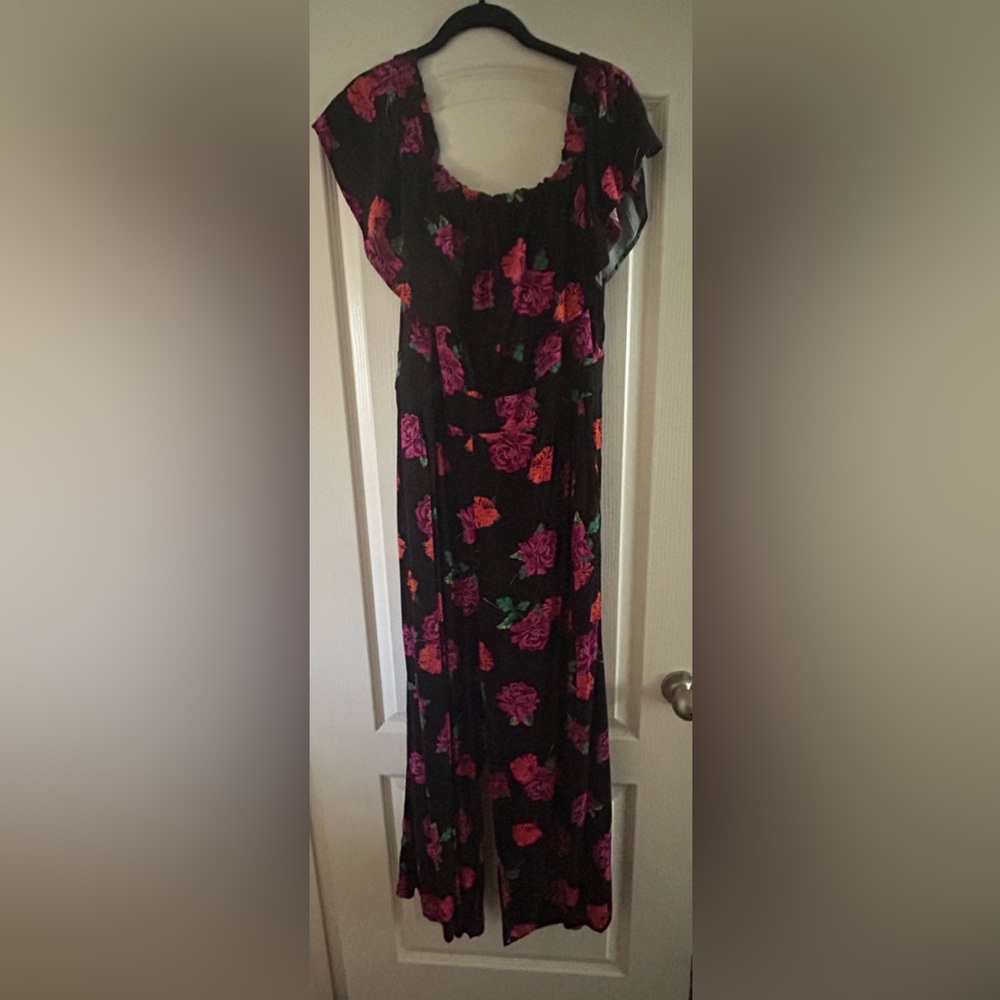Torrid Black Jumpsuit with Pink and Orange Floral Print